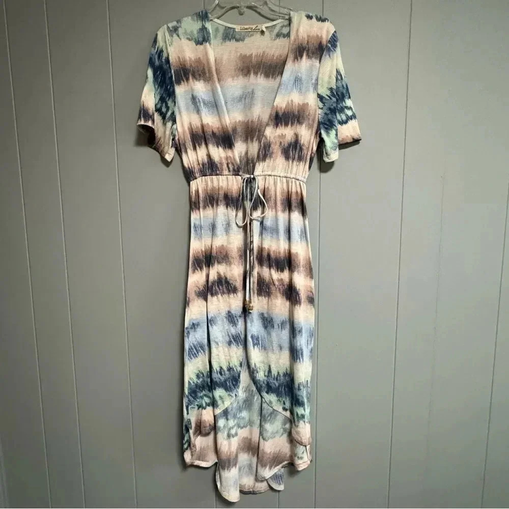 LIBERTY LOVE Tie Dye Swim Cover Tie Waist Wrap Blue Brown Green Cream Size M